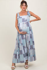 Blue Patchwork Print Shoulder Tie Tiered Maternity Maxi Dress