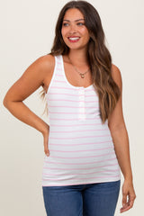 Pink Striped Ribbed Button Detail Maternity Tank Top