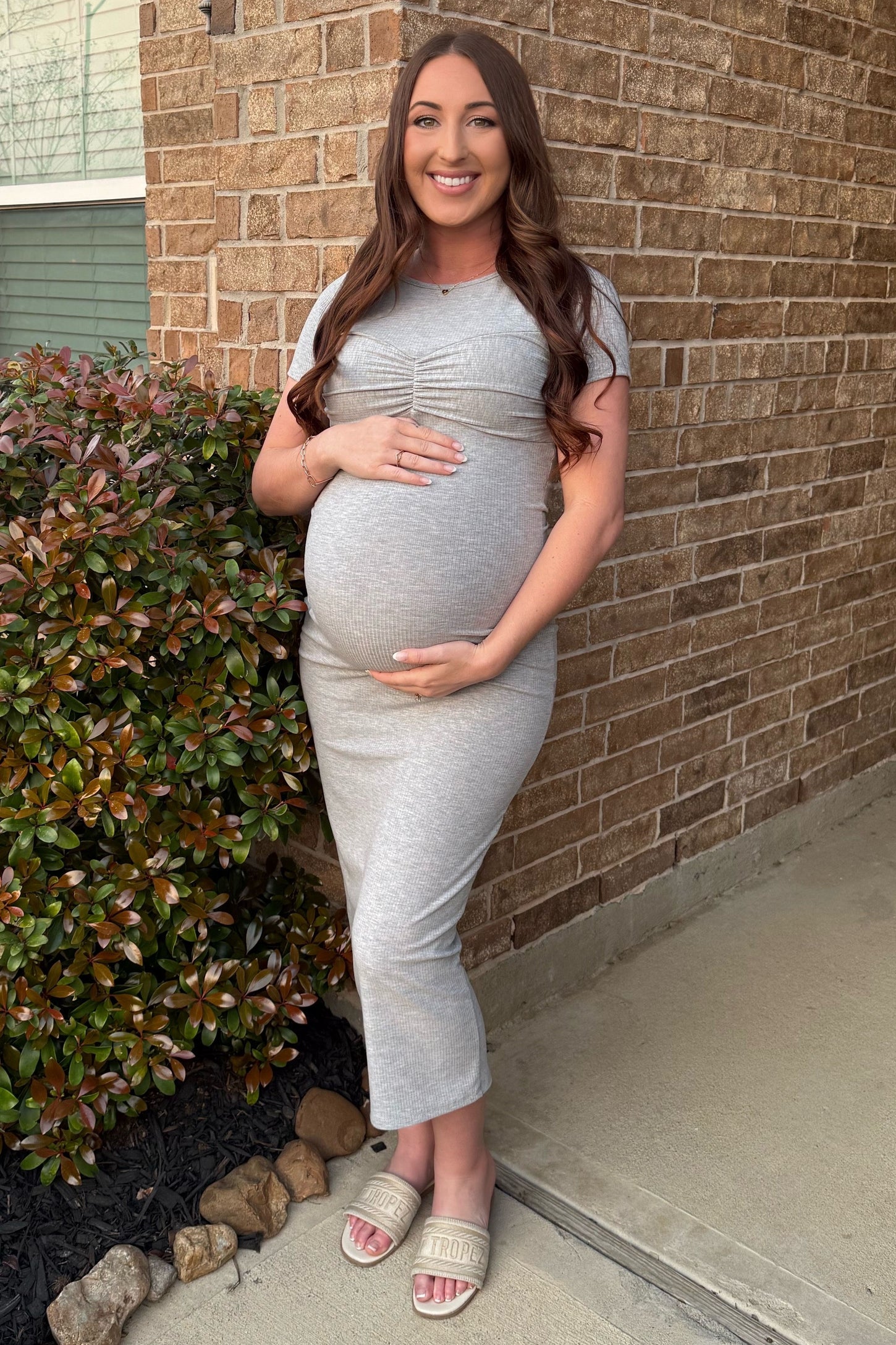 Heather Grey Ruched Bust Short Sleeve Maternity Maxi Dress PinkBlush Heather Grey Ruched Bust Short Sleeve Maternity Maxi Dress PinkBlush