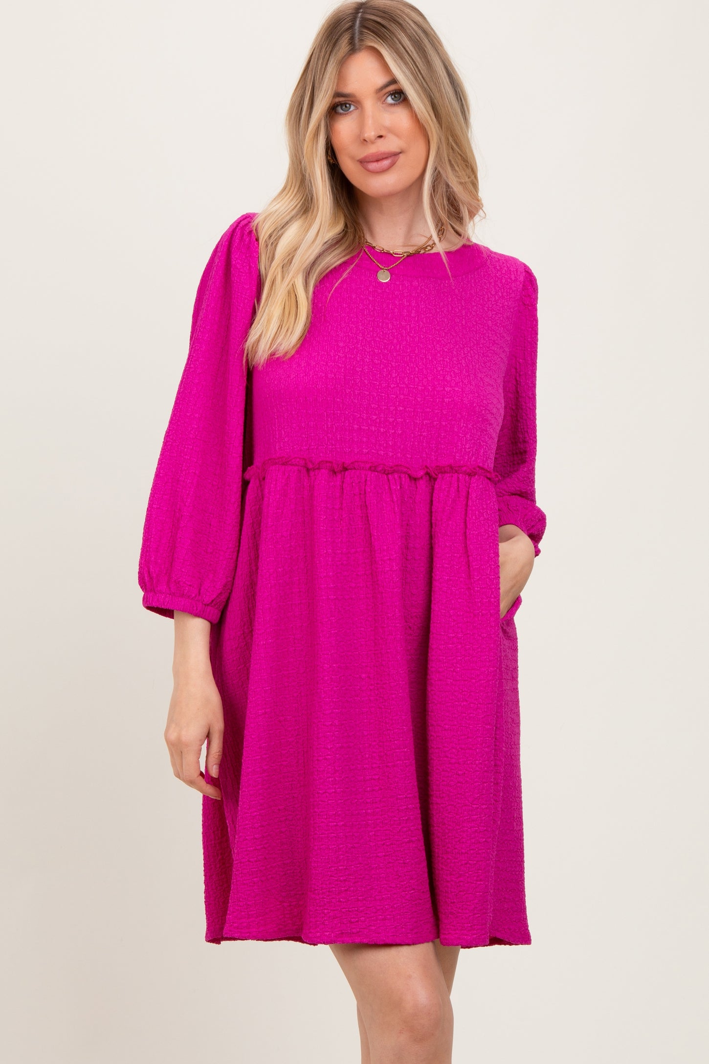 Magenta Knit Ruffle Trim Dress