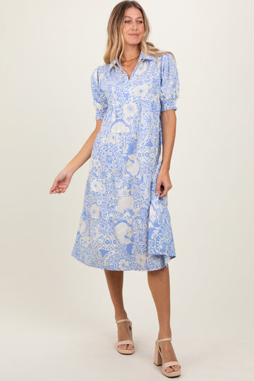Periwinkle Floral Collared Tiered Midi Dress