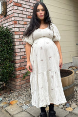 Cream Ribbon Print Smocked Maternity Midi Dress