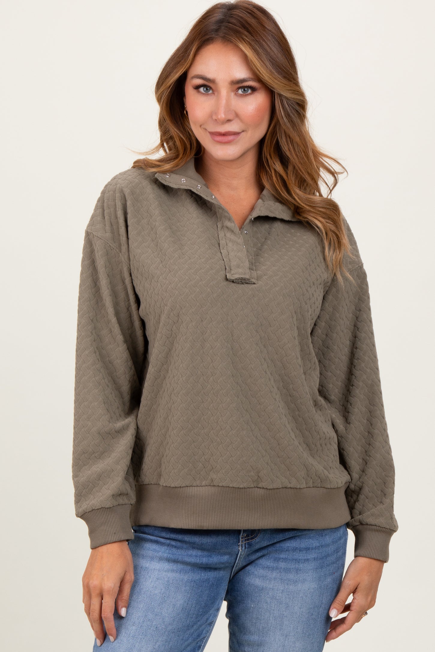 Olive Quilted Knit Snap Collar Maternity Pullover Top