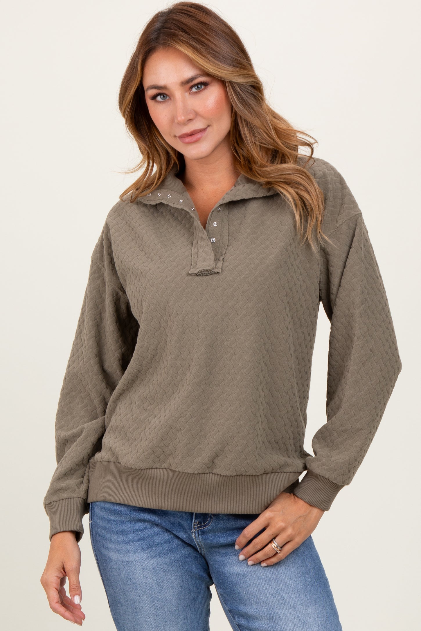 Olive Quilted Knit Snap Collar Pullover Top