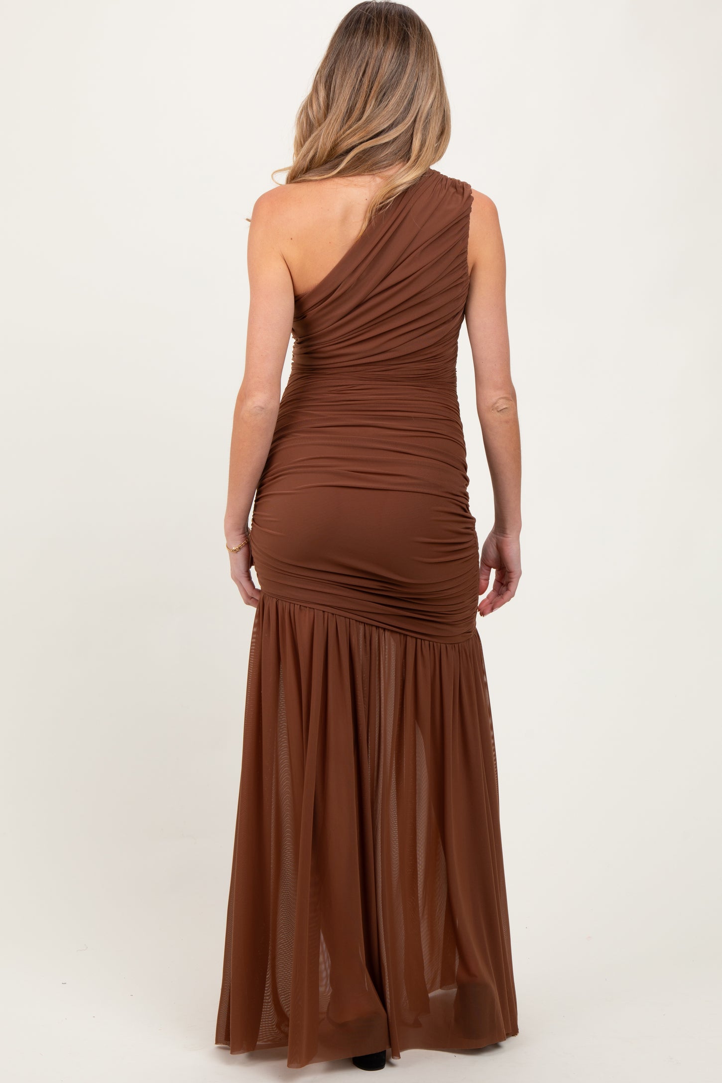 Mocha Ruched Mesh One Shoulder Maternity Maxi Dress PinkBlush Mocha Ruched Mesh One Shoulder Maternity Maxi Dress PinkBlush