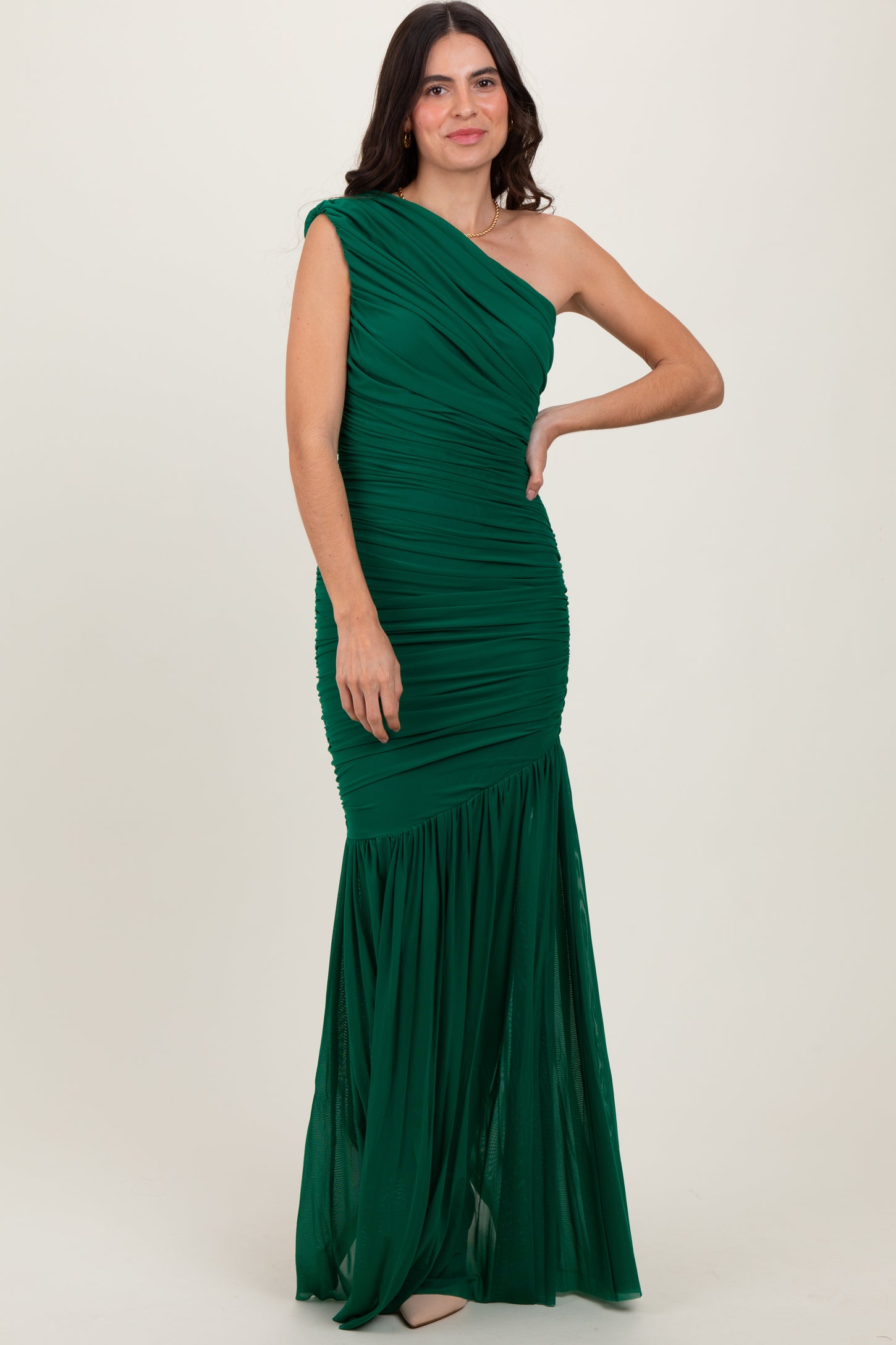 Forest Green Ruched Mesh One Shoulder Maternity Maxi Dress PinkBlush Forest Green Ruched Mesh One Shoulder Maternity Maxi Dress PinkBlush