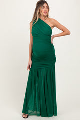 Forest Green Ruched Mesh One Shoulder Maternity Maxi Dress