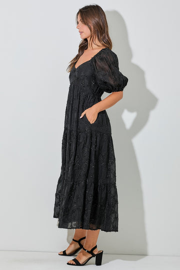 Black Embroidered Floral Overlay Midi Dress