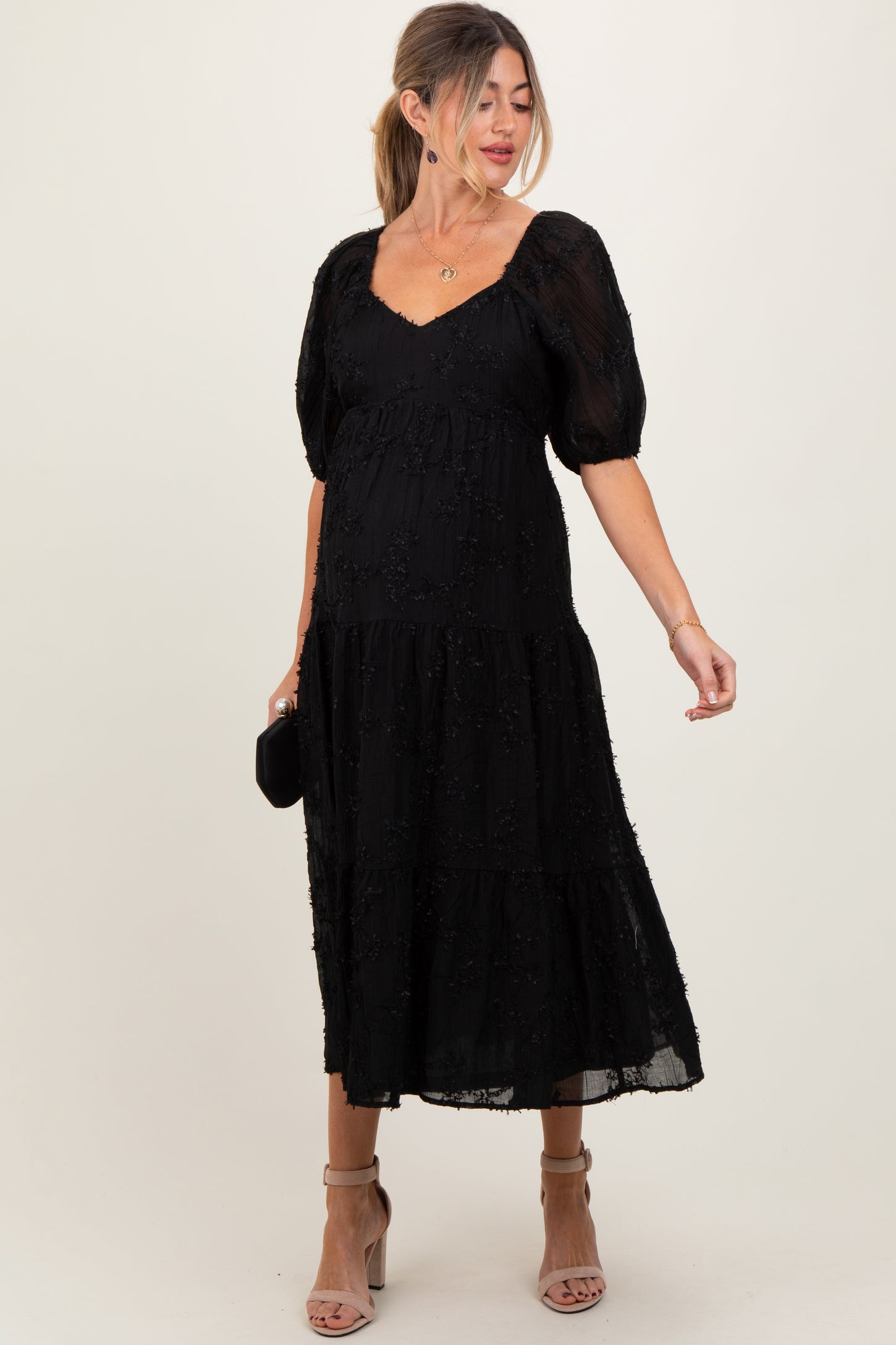 Black Embroidered Floral Overlay Maternity Midi Dress PinkBlush Black Embroidered Floral Overlay Maternity Midi Dress PinkBlush