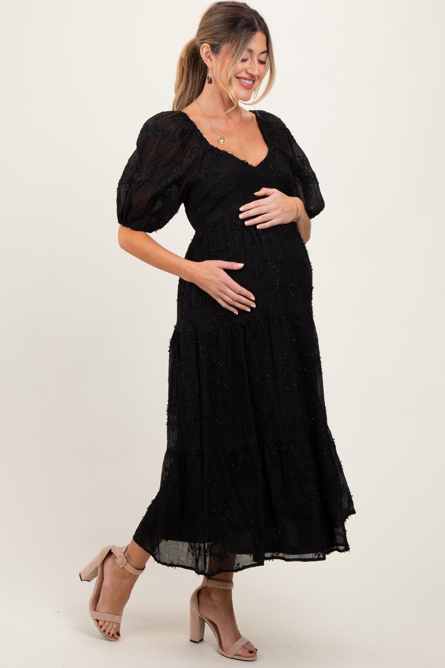 Black Embroidered Floral Overlay Maternity Midi Dress Black Embroidered Floral Overlay Maternity Midi Dress