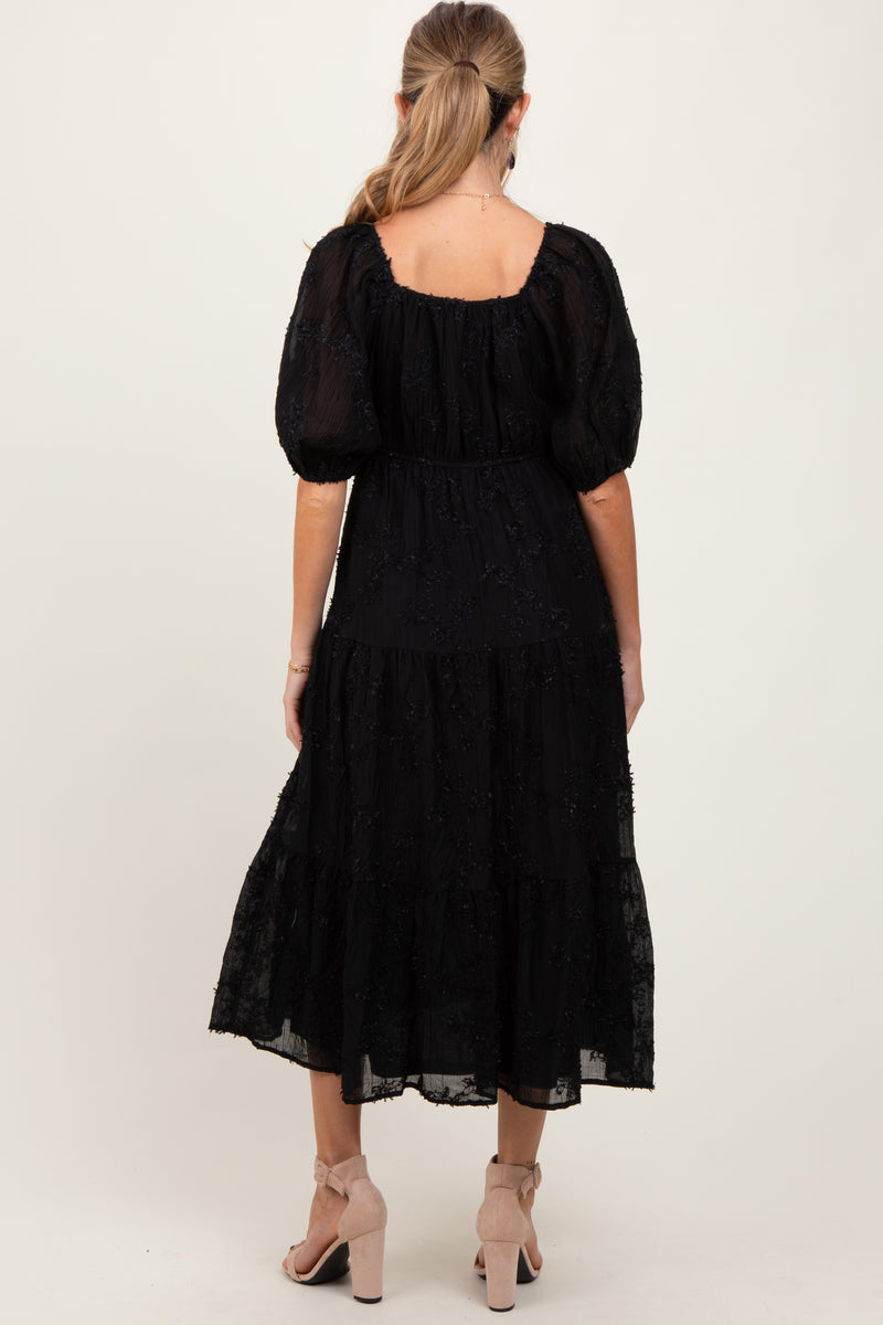 Black Embroidered Floral Overlay Maternity Midi Dress