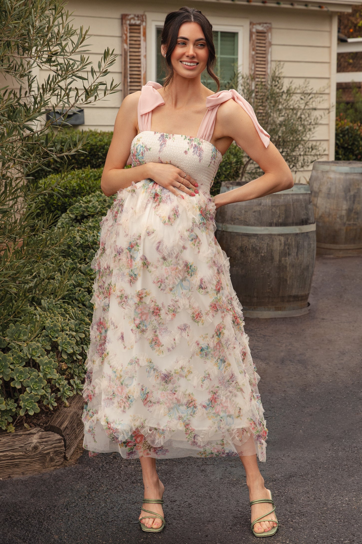 Cream Floral Smocked Shoulder Tie Ruffled Maternity Midi Dress – PinkBlush