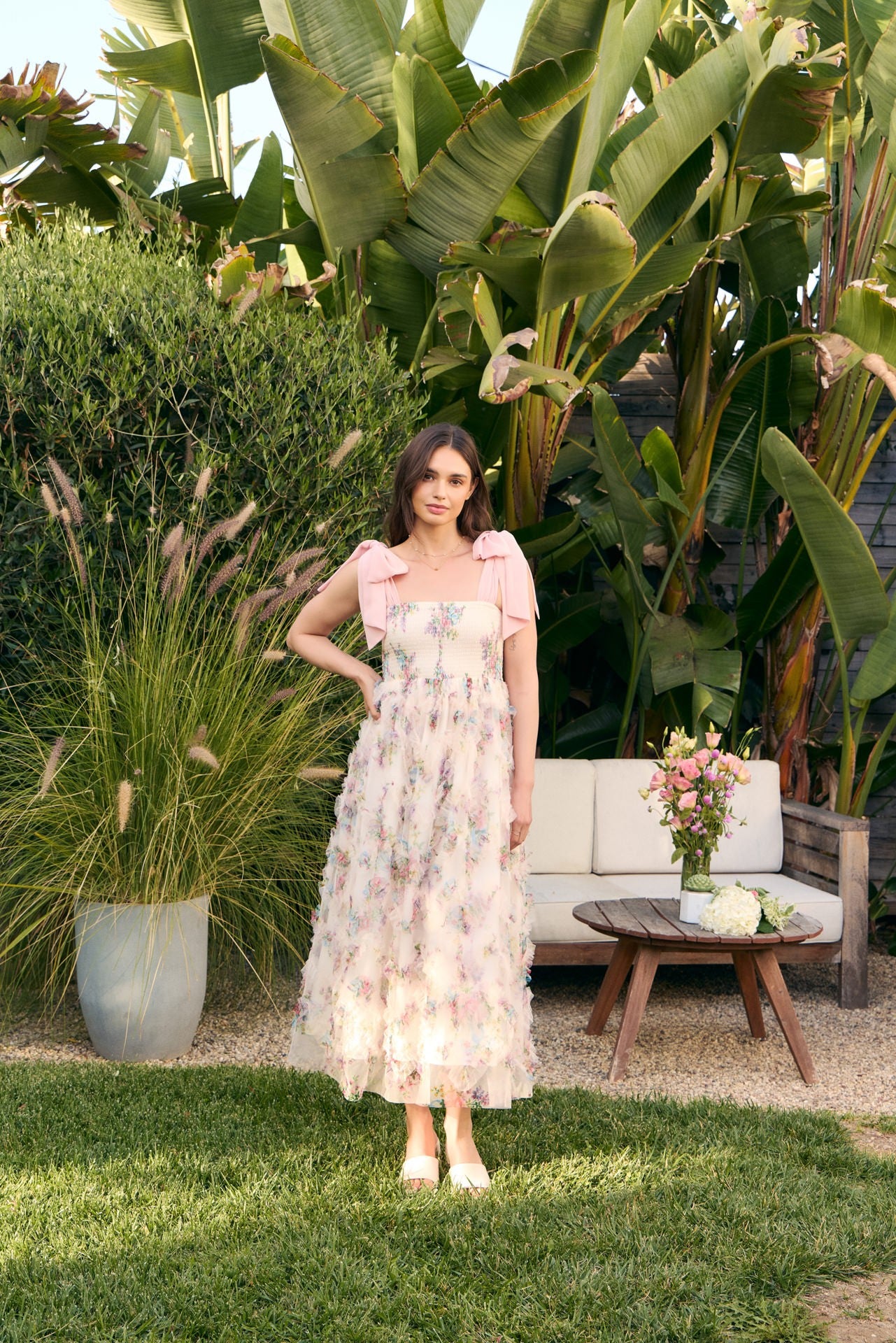 Cream Floral Smocked Shoulder Tie Ruffled Midi Dress