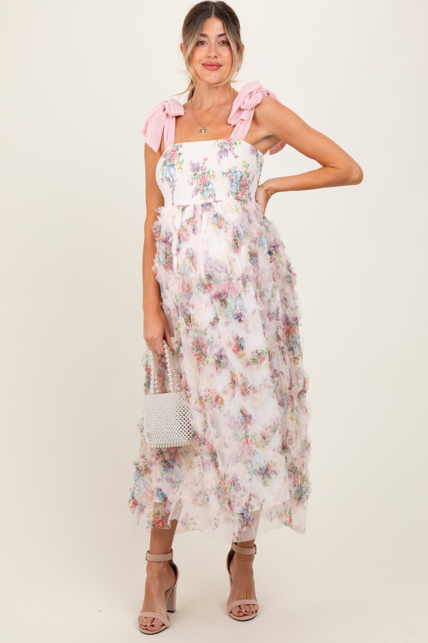 Cream Floral Smocked Shoulder Tie Ruffled Maternity Midi Dress