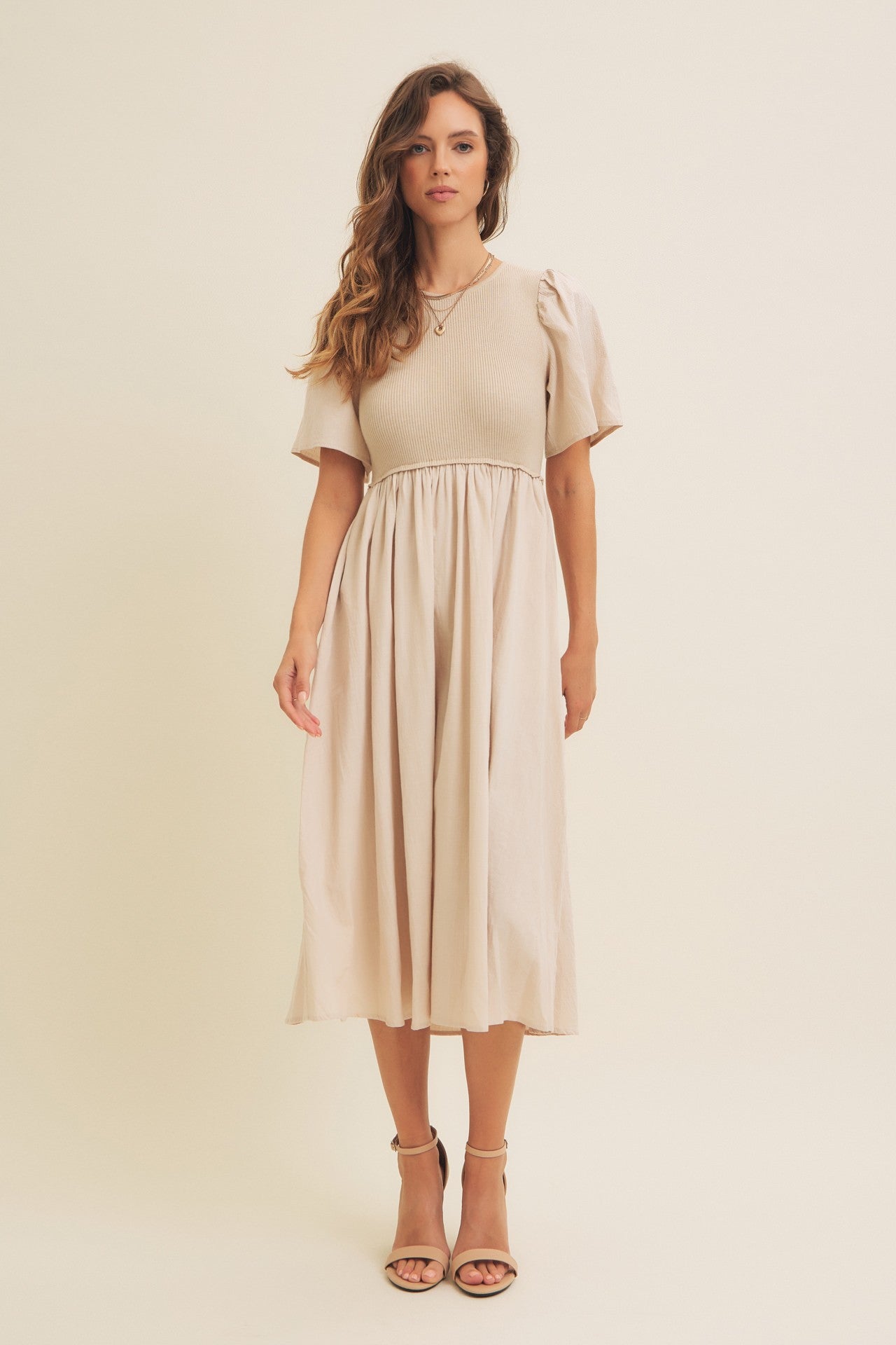 Beige Ribbed Knit Contrast Top Midi Dress Beige Ribbed Knit Contrast Top Midi Dress