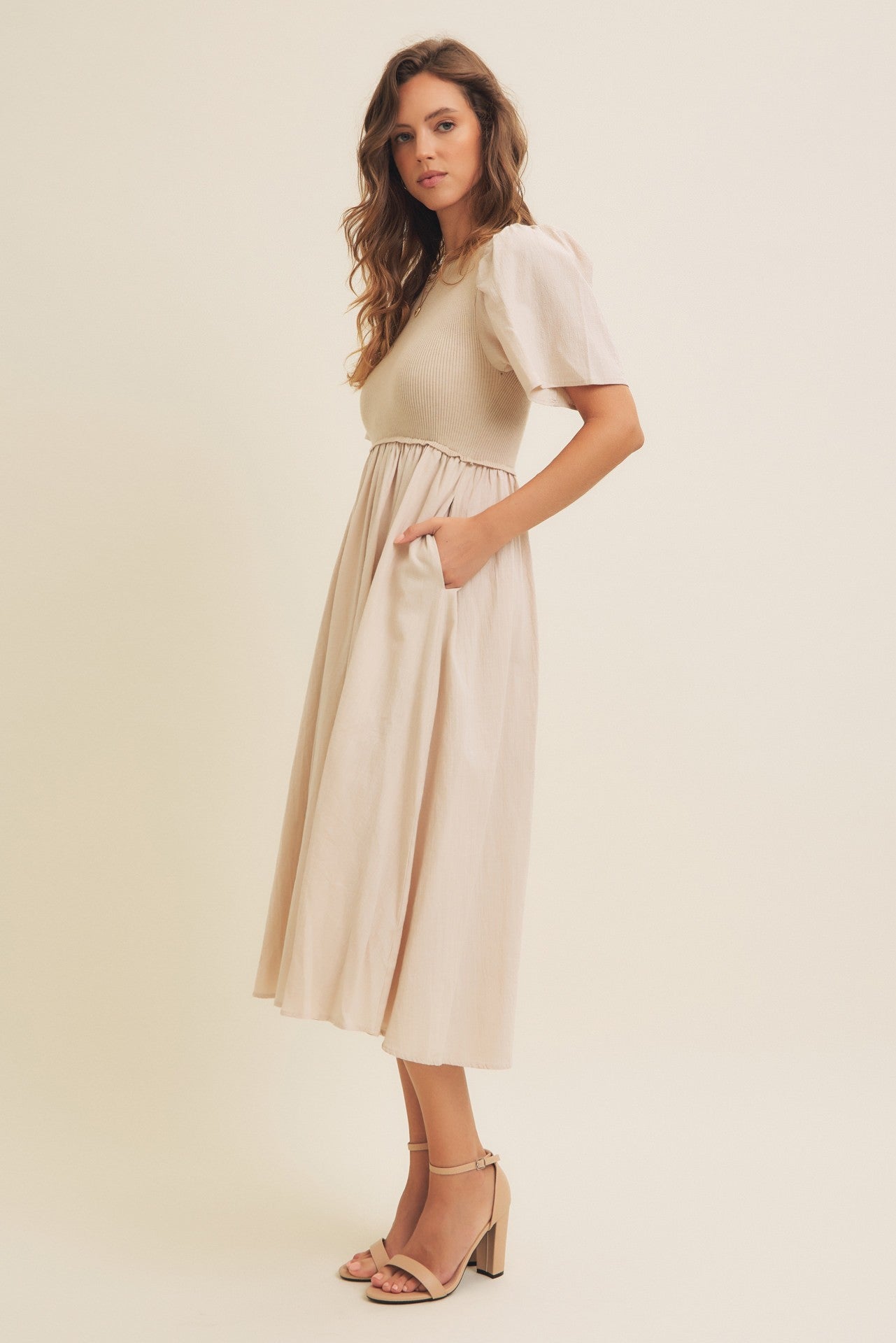 Beige Ribbed Knit Contrast Top Midi Dress PinkBlush Beige Ribbed Knit Contrast Top Midi Dress PinkBlush