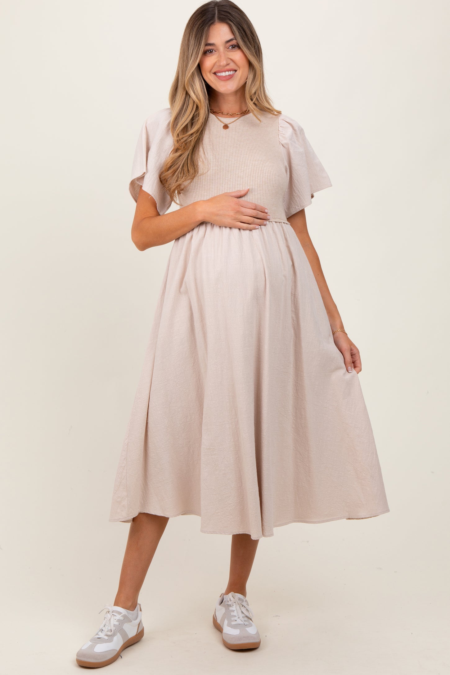 Beige Ribbed Knit Contrast Top Maternity Midi Dress – PinkBlush