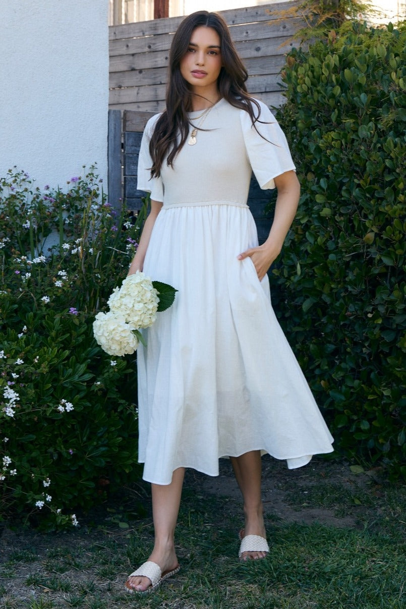 Ivory Ribbed Knit Contrast Top Midi Dress