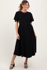 Black Ribbed Knit Contrast Top Maternity Midi Dress