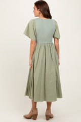 Light Olive Ribbed Knit Contrast Top Midi Dress