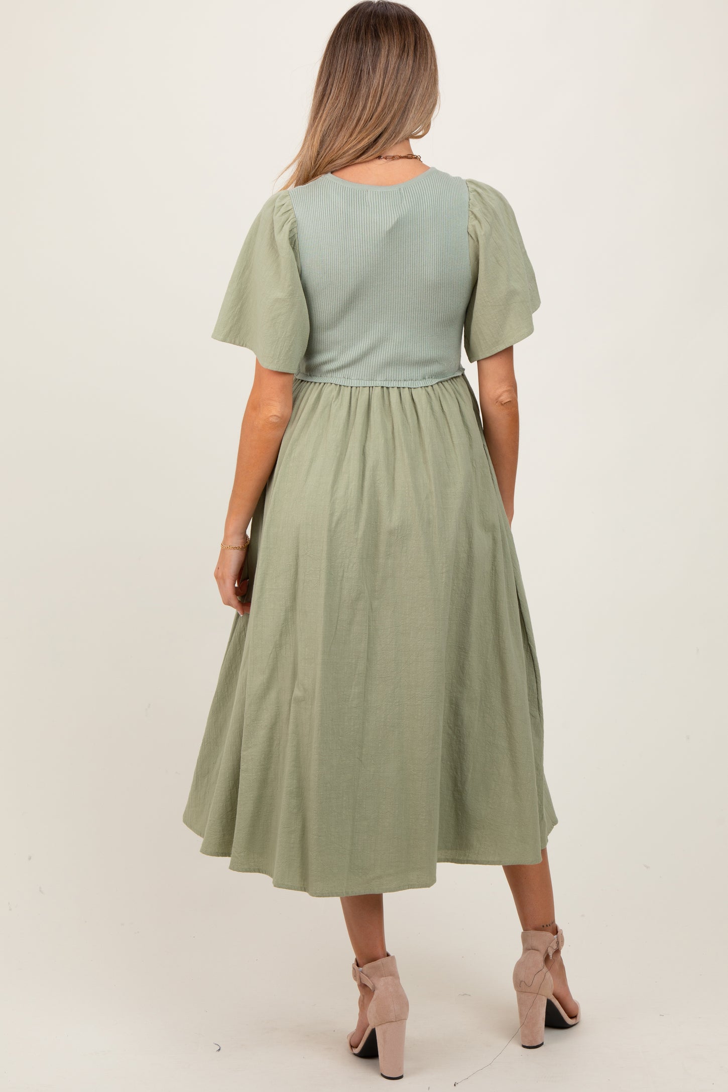 Light Olive Ribbed Knit Contrast Top Maternity Midi Dress