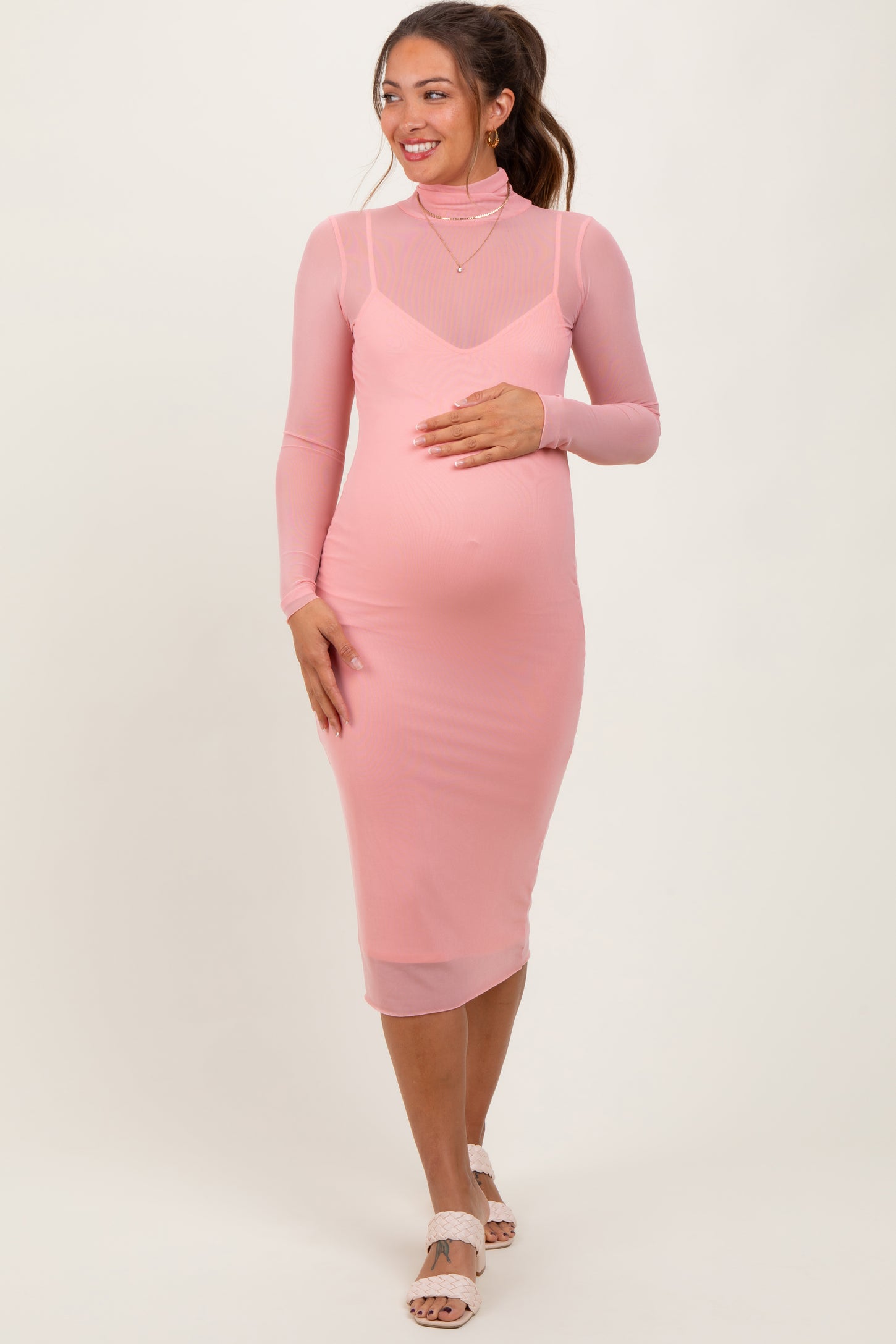 Coral Mesh Overlay Fitted Maternity Midi Dress – PinkBlush