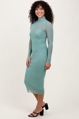 Light Olive Mesh Overlay Fitted Midi Dress