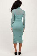 Light Olive Mesh Overlay Fitted Midi Dress