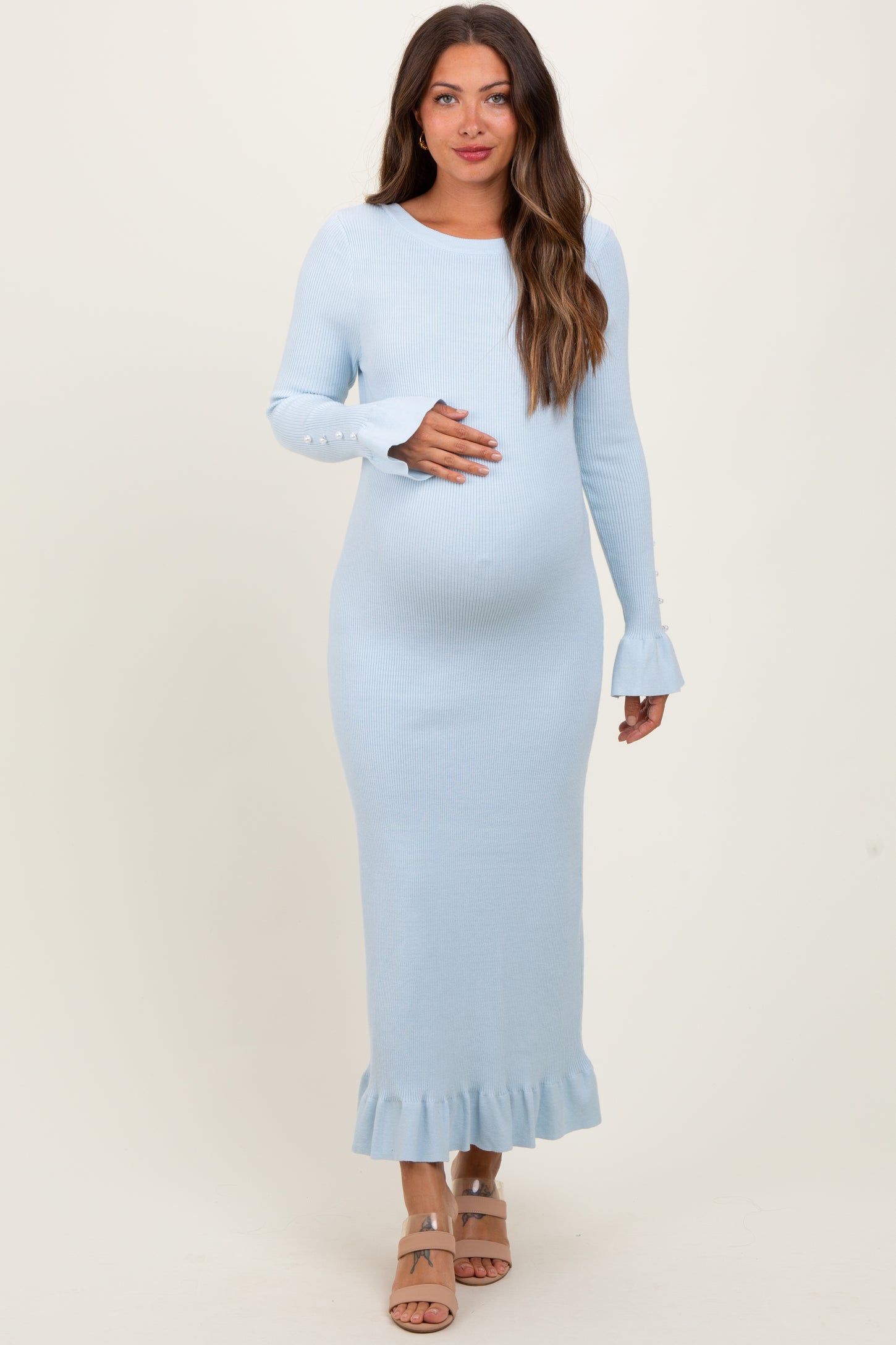 Light Blue Ribbed Knit Bow Back Maternity Maxi Dress