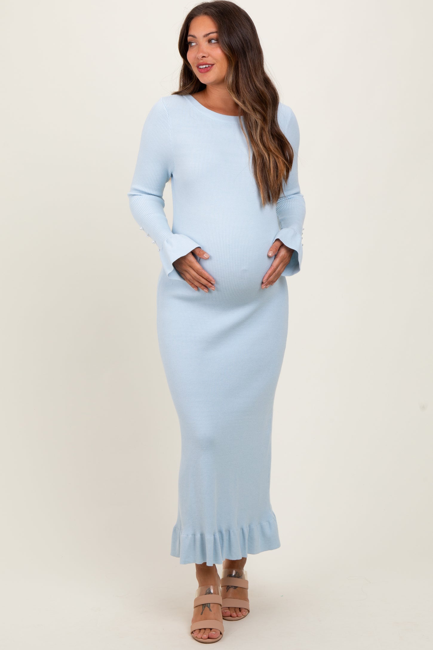 Light Blue Ribbed Knit Bow Back Maternity Maxi Dress Light Blue Ribbed Knit Bow Back Maternity Maxi Dress