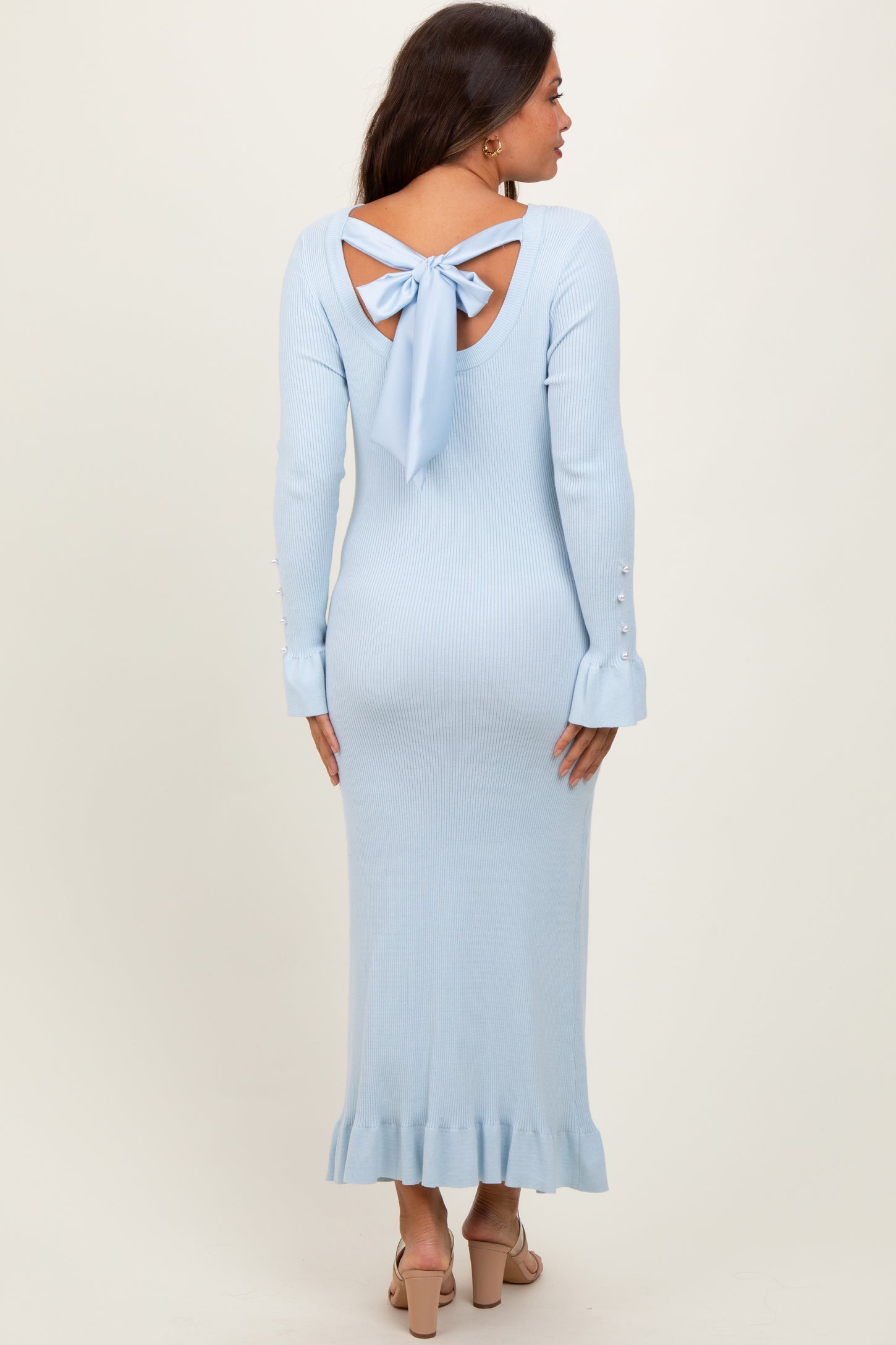 PinkBlush Light Blue Ribbed Knit Bow Back Maternity Maxi Dress Small