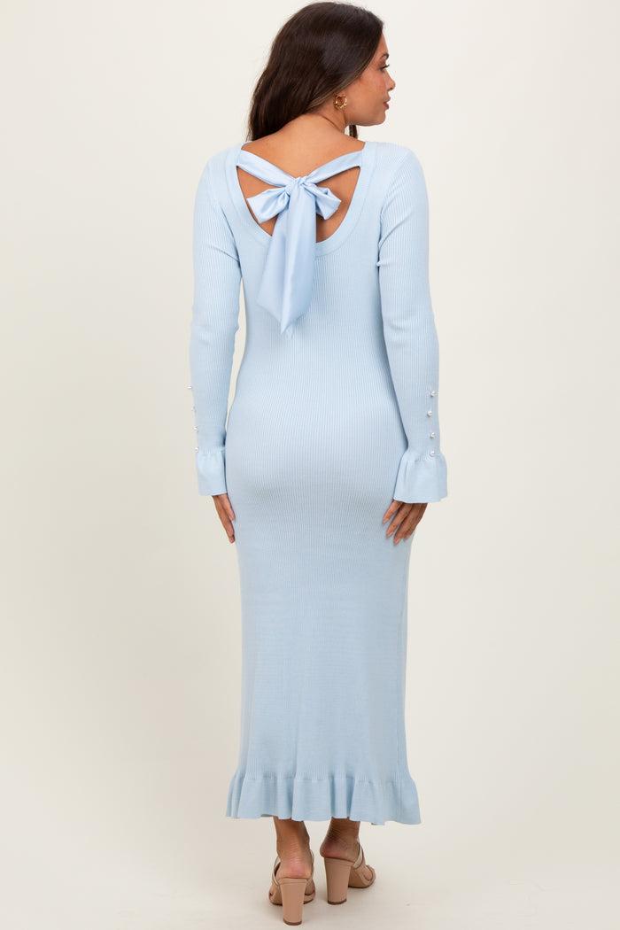 Light Blue Ribbed Knit Bow Back Maternity Maxi Dress