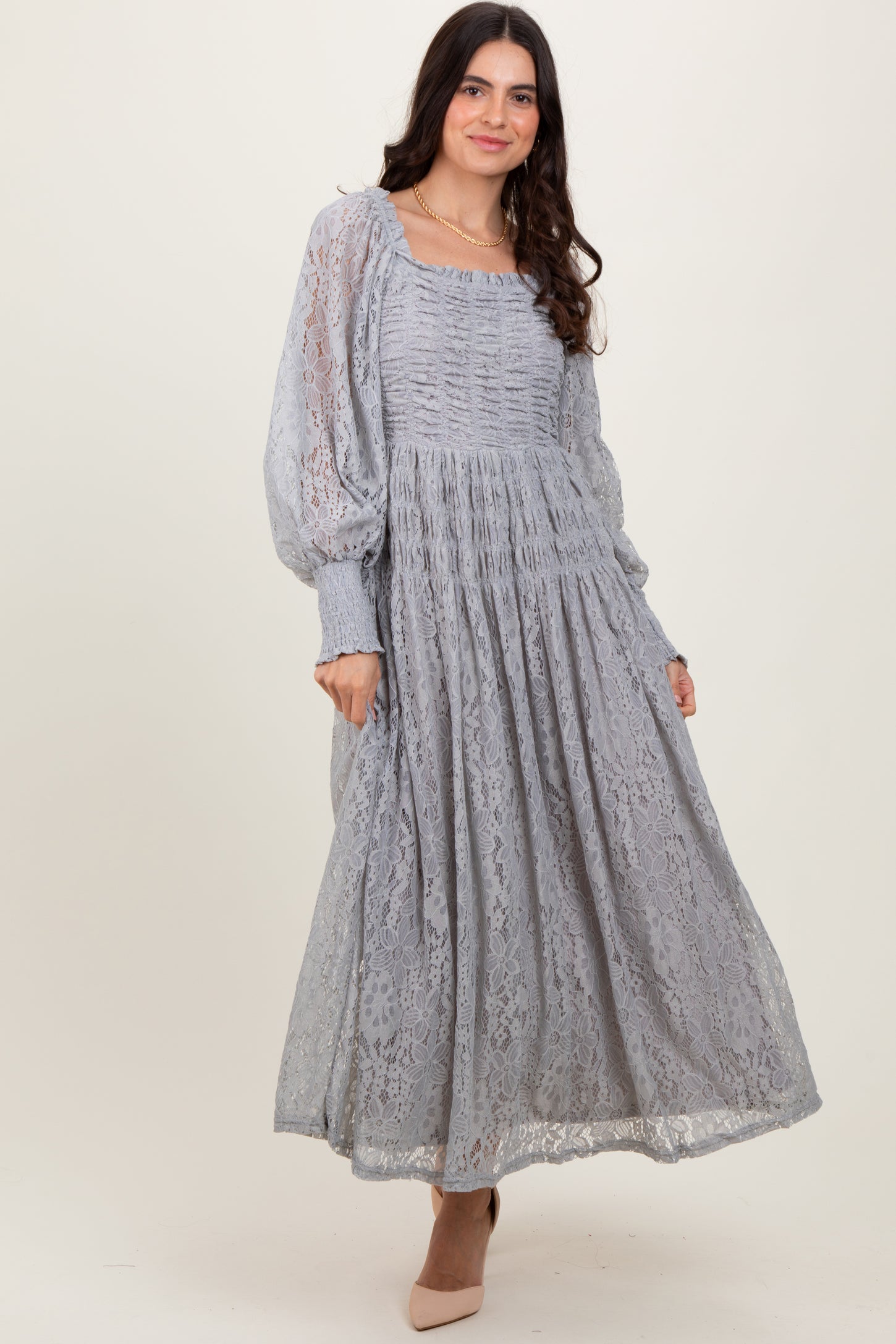 Heather Grey Lace Smocked Bubble Sleeve Maxi Dress Heather Grey Lace Smocked Bubble Sleeve Maxi Dress