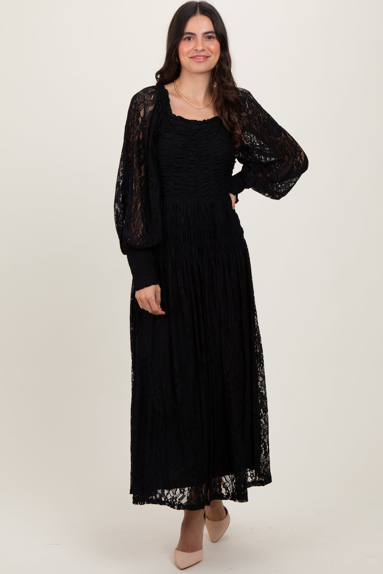 Black Lace Smocked Bubble Sleeve Maternity Maxi Dress