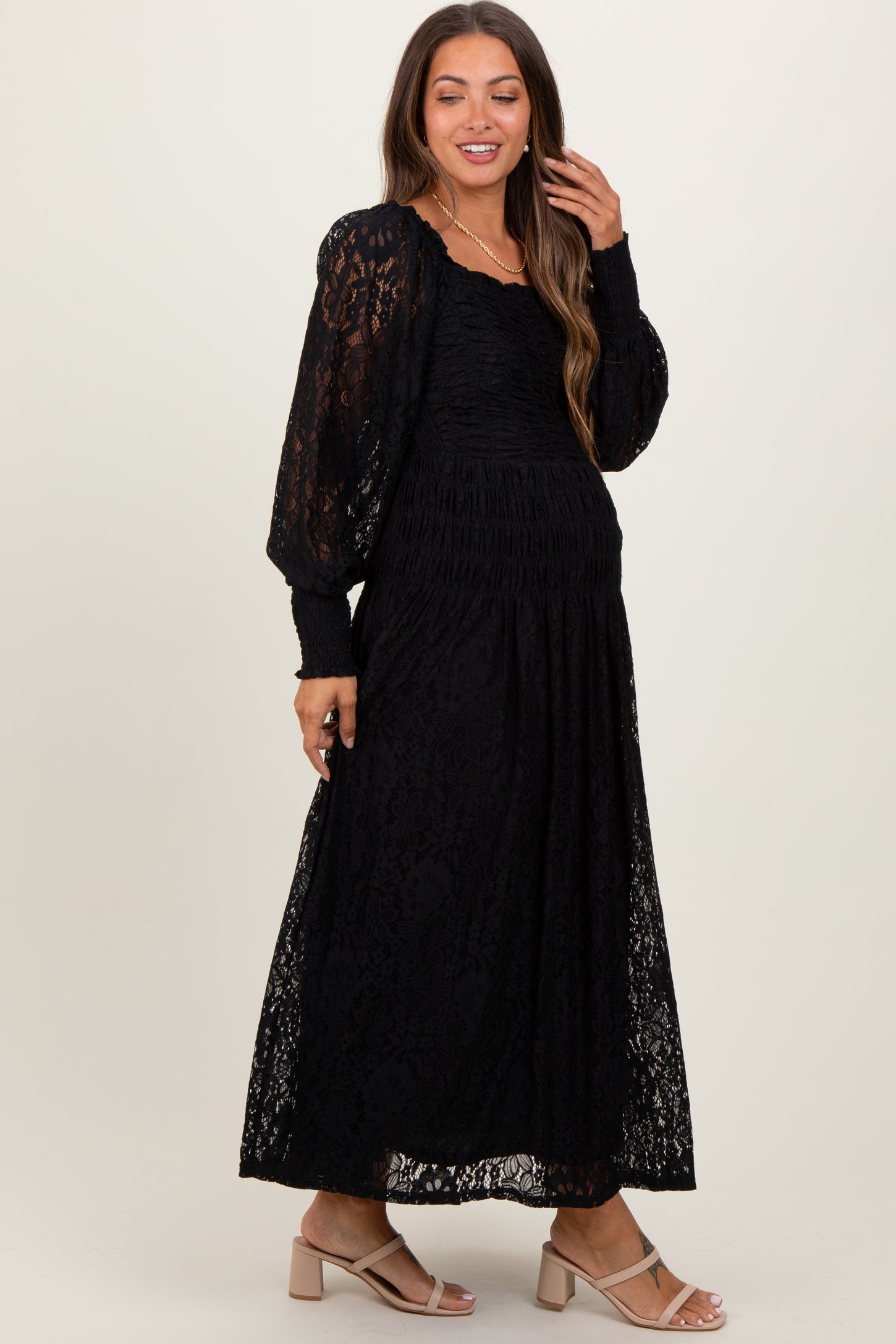 Black Lace Smocked Bubble Sleeve Maternity Maxi Dress PinkBlush Black Lace Smocked Bubble Sleeve Maternity Maxi Dress PinkBlush