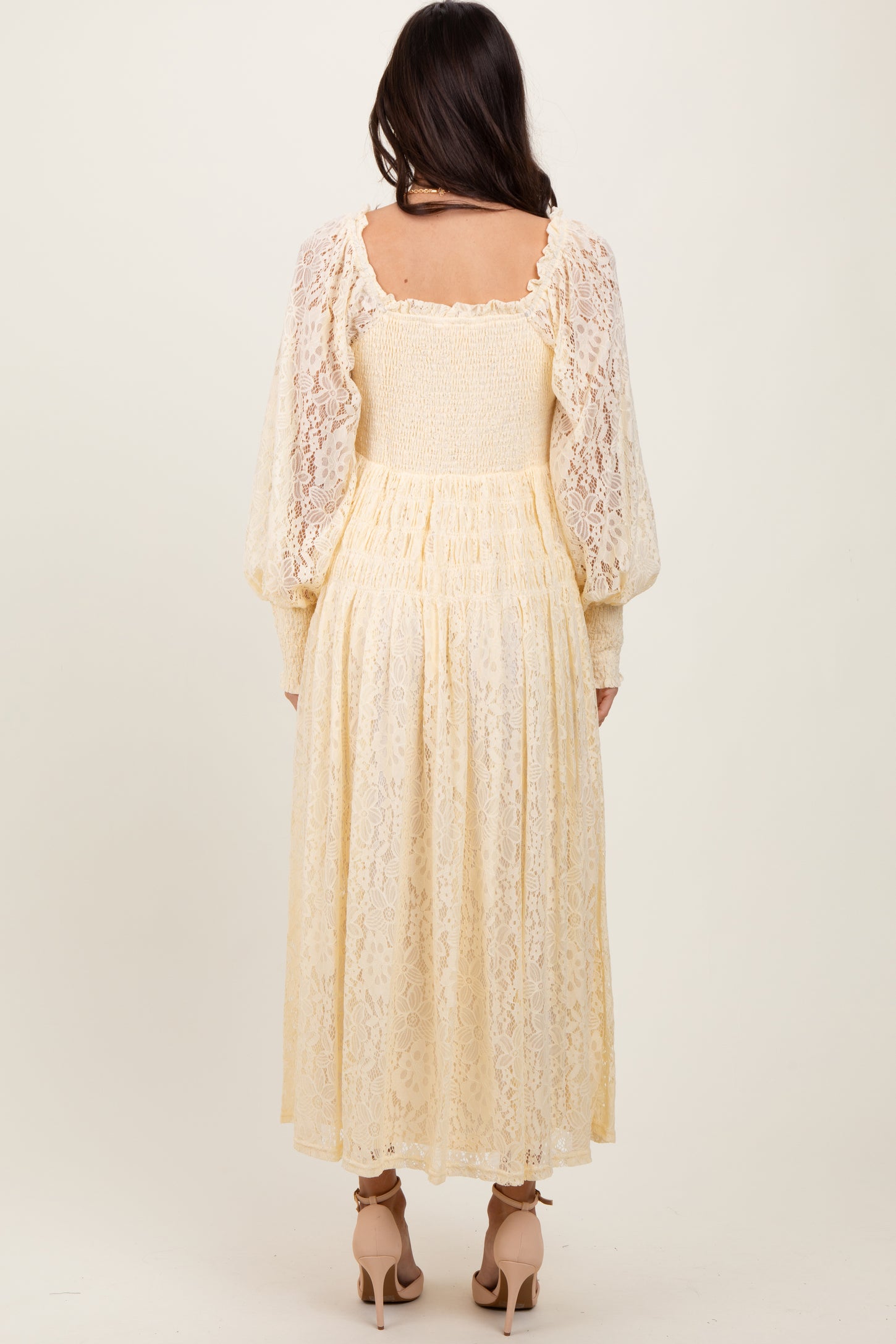 Cream Lace Smocked Bubble Sleeve Maxi Dress