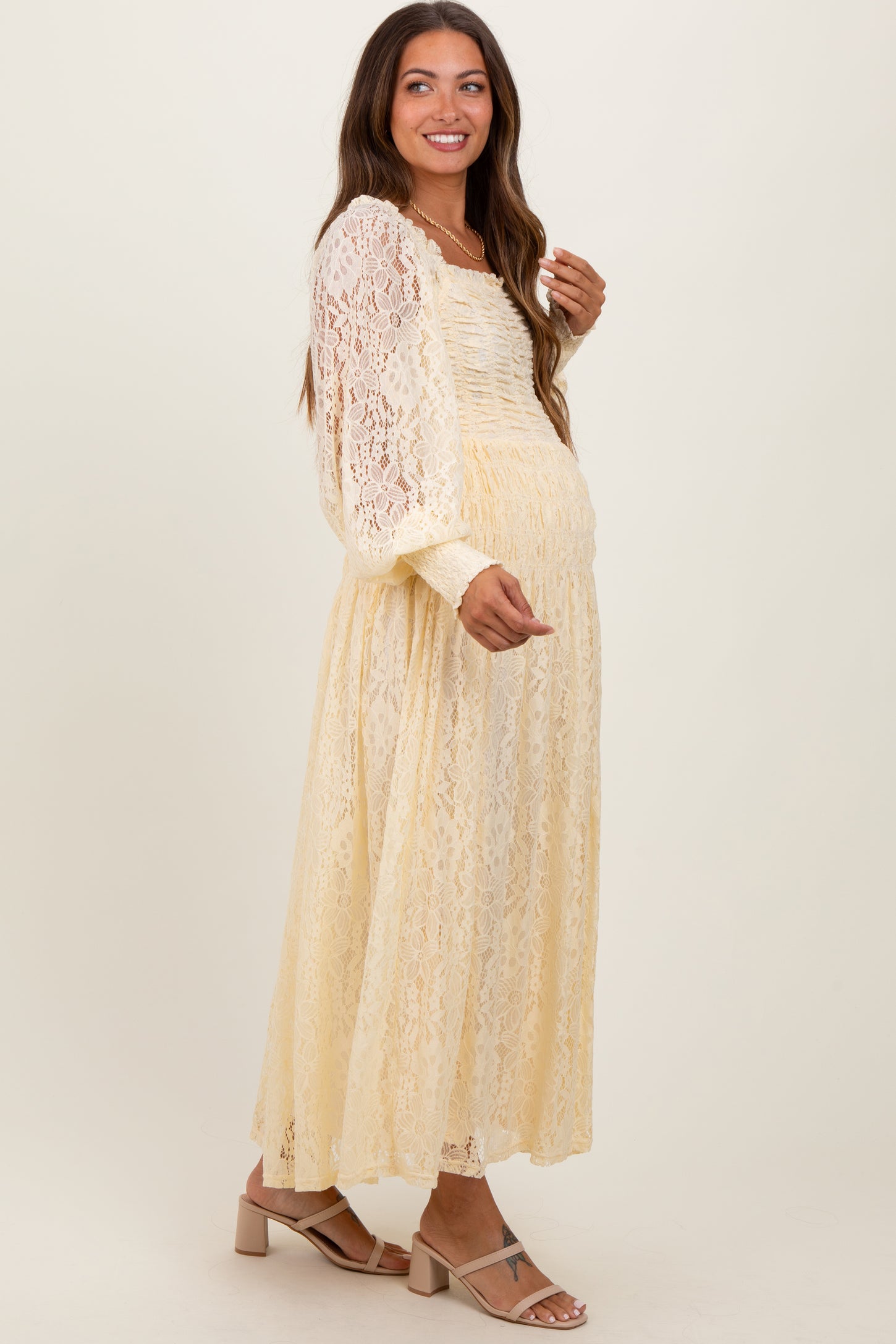 Cream Lace Smocked Bubble Sleeve Maternity Maxi Dress PinkBlush Cream Lace Smocked Bubble Sleeve Maternity Maxi Dress PinkBlush