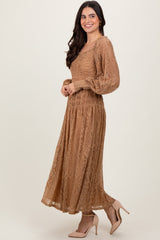 Camel Lace Smocked Bubble Sleeve Maxi Dress