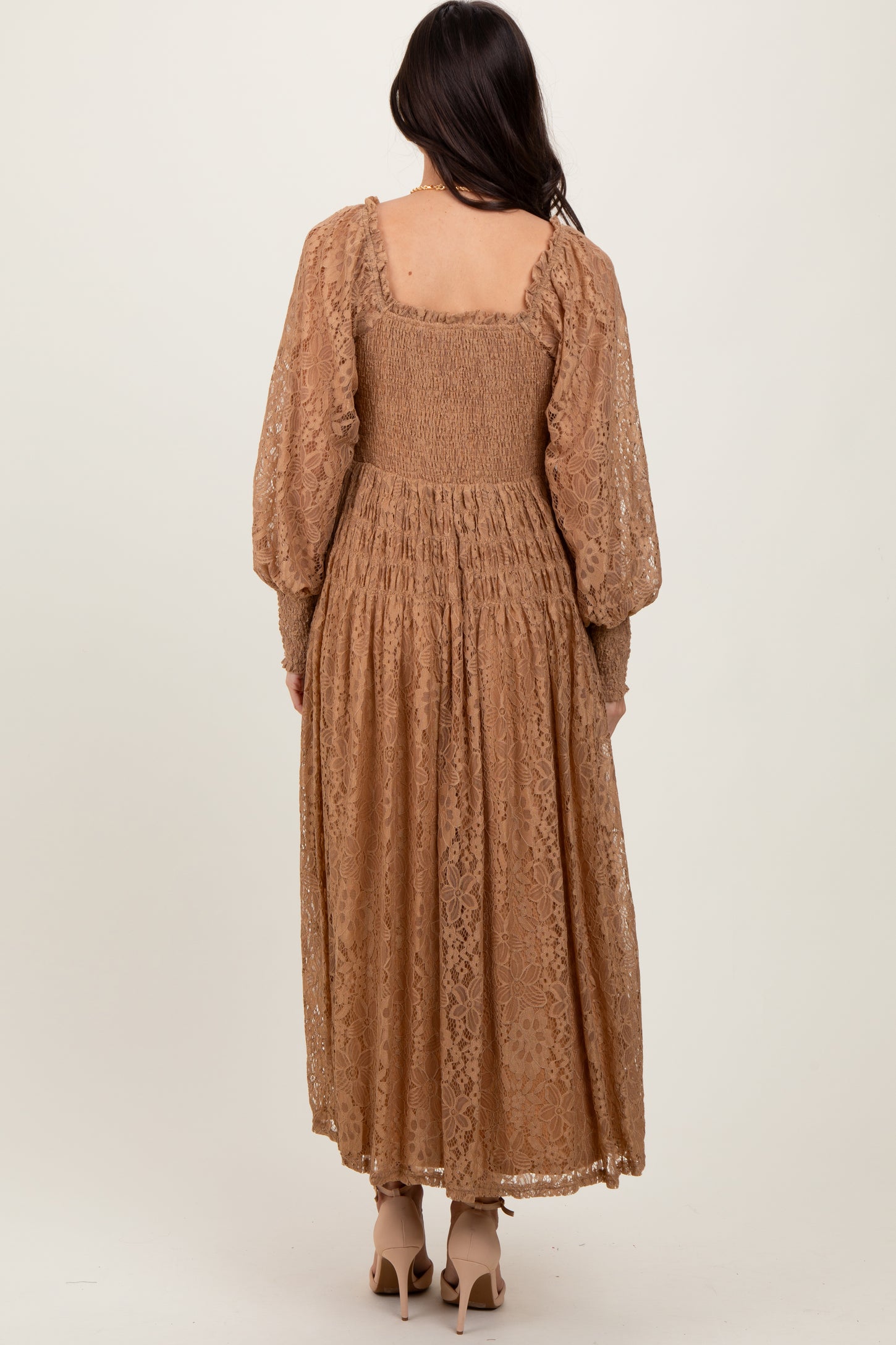 Camel Lace Smocked Bubble Sleeve Maxi Dress