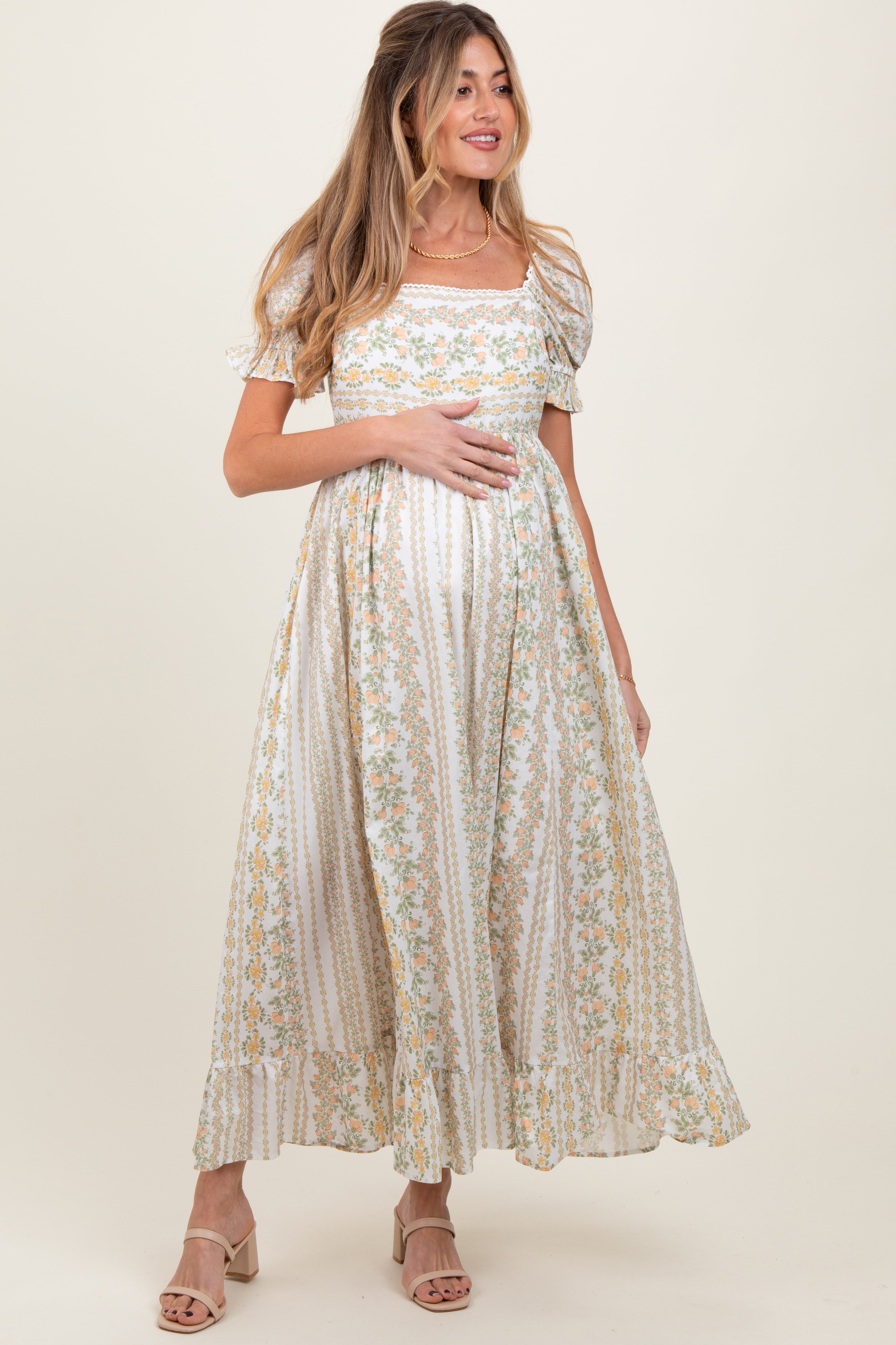 Peach Floral Puff Sleeve Lace Trim Maternity Maxi Dress Peach Floral Puff Sleeve Lace Trim Maternity Maxi Dress