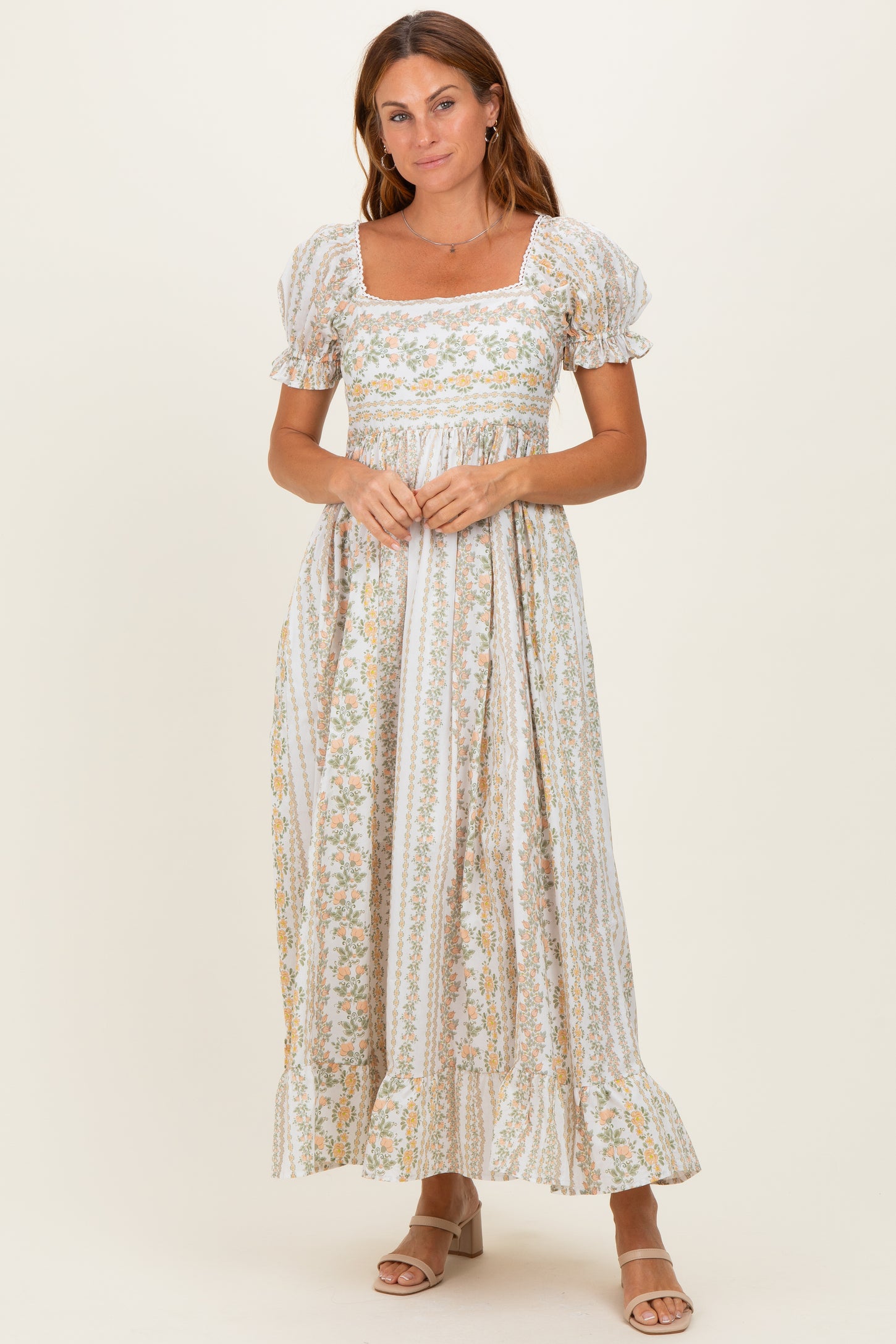 Peach Floral Puff Sleeve Lace Trim Maternity Maxi Dress