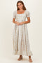 Peach Floral Puff Sleeve Lace Trim Maxi Dress