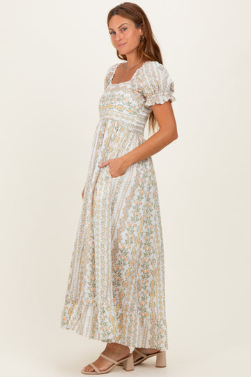 Peach Floral Puff Sleeve Lace Trim Maxi Dress