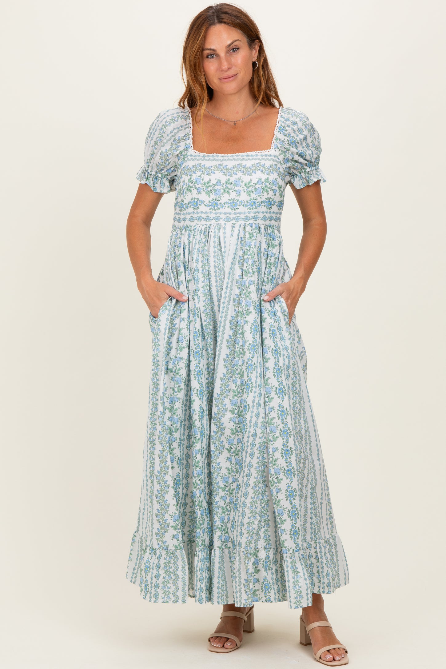 Light Blue Floral Puff Sleeve Lace Trim Maxi Dress – PinkBlush