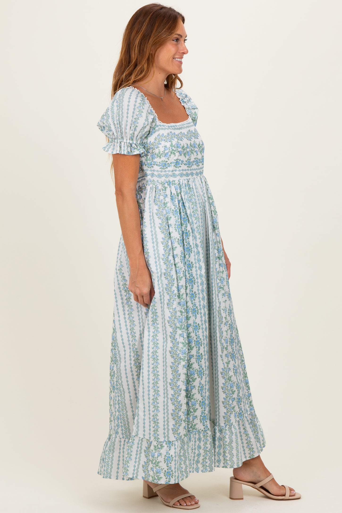 Light Blue Floral Puff Sleeve Lace Trim Maxi Dress – PinkBlush