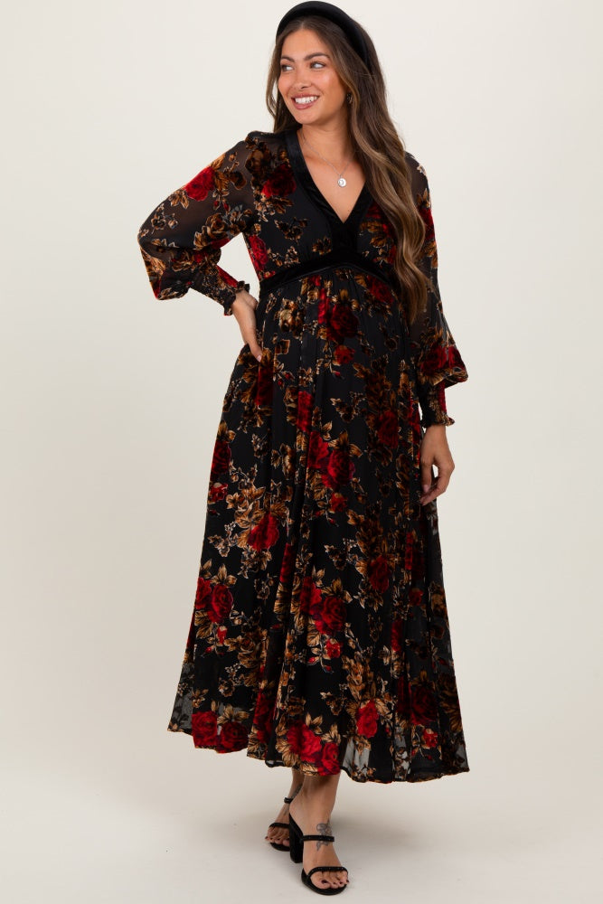 fitted lace wedding dress Red Rose Print Velvet Mesh Overlay Maternity Maxi Dress – PinkBlush