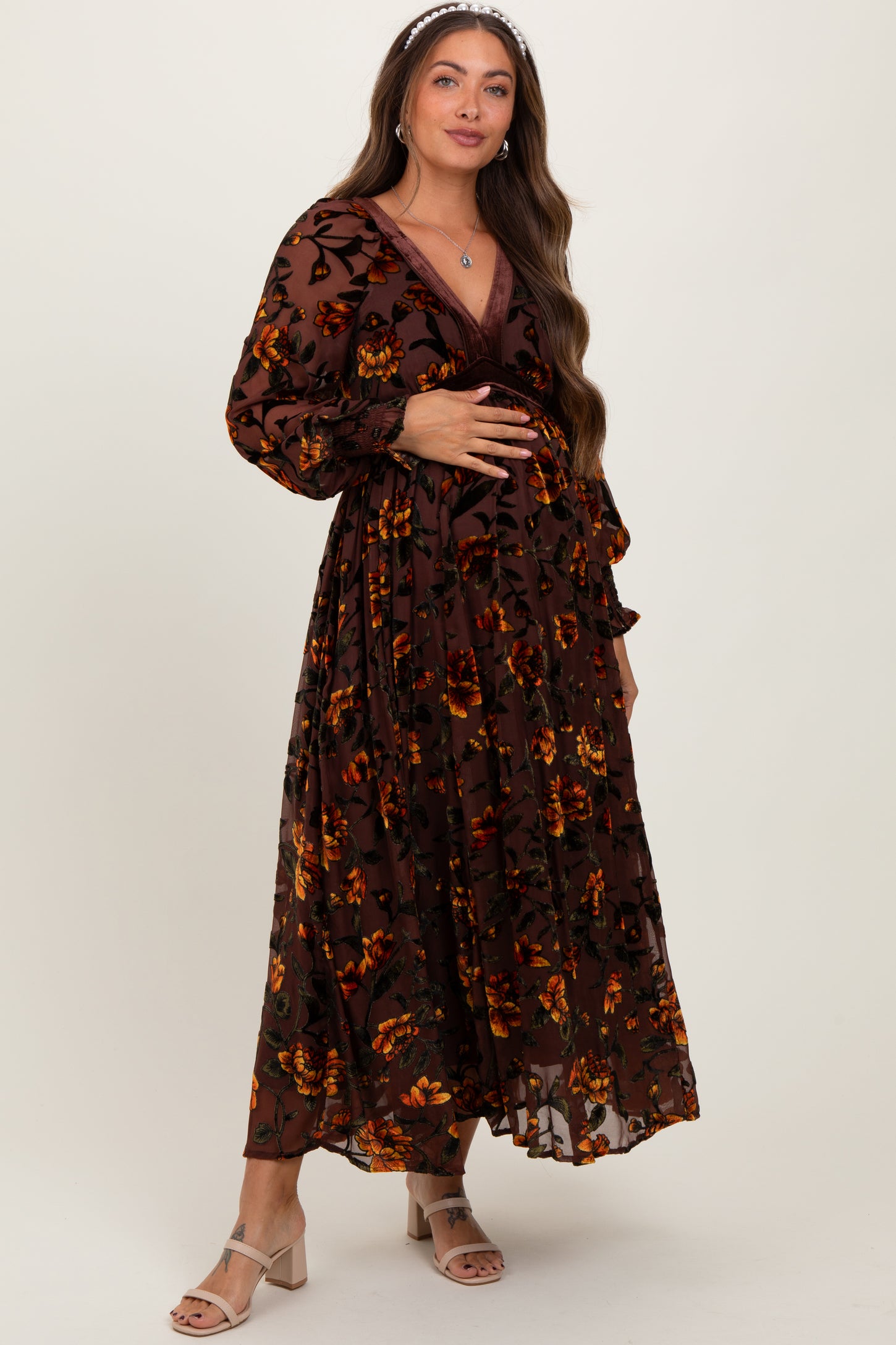 Yellow Rose Print Velvet Mesh Overlay Maternity Maxi Dress PinkBlush Yellow Rose Print Velvet Mesh Overlay Maternity Maxi Dress PinkBlush