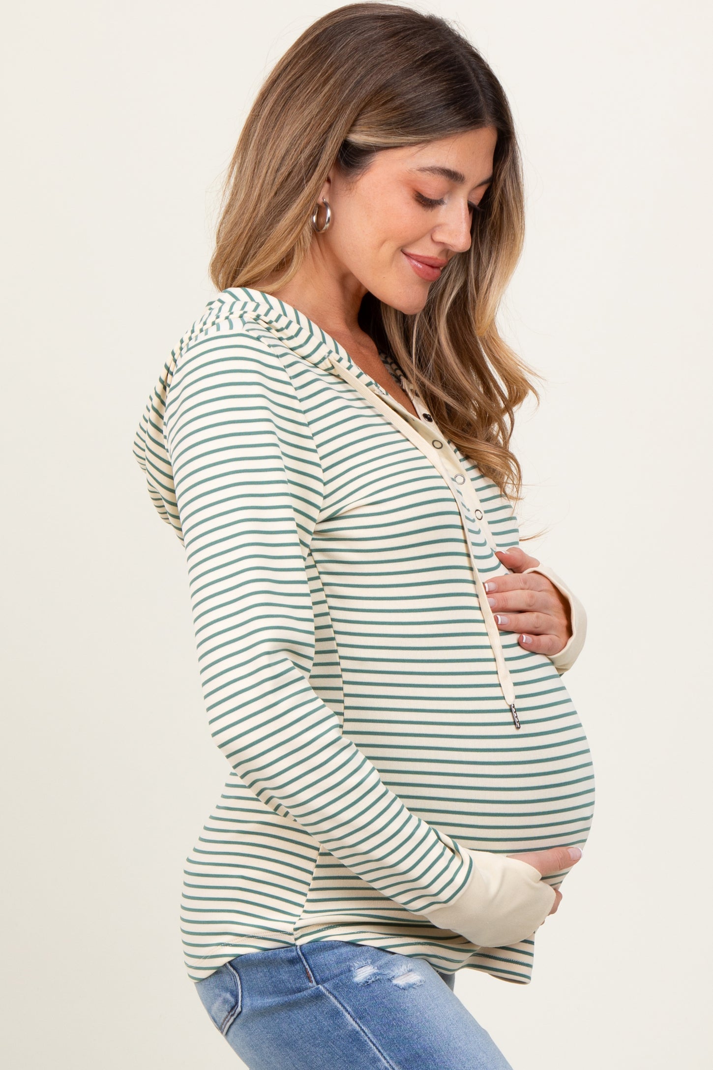 Green Cream Striped Maternity Hoodie