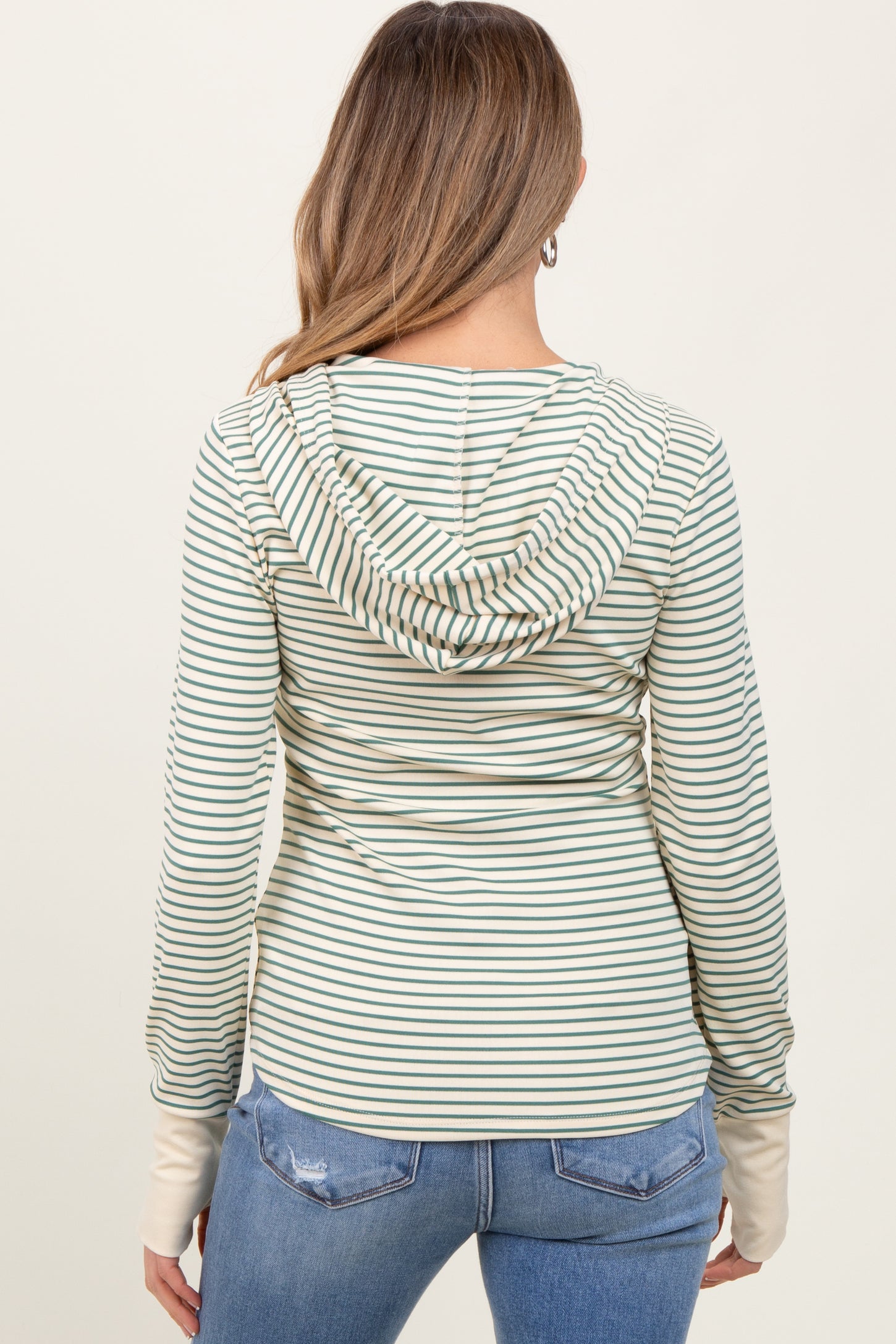 Green Cream Striped Maternity Hoodie