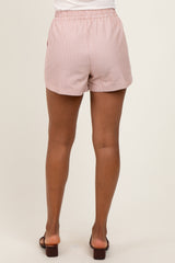 Camel Striped Round Hem Drawstring Shorts